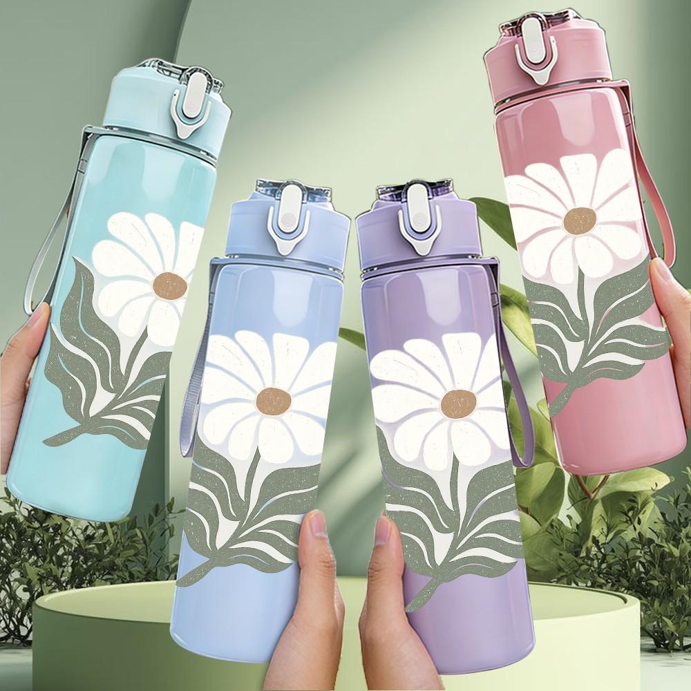 1PC Simple White Daisy Leaf Art 750ml Color Plastic Sports Water Bottle Leakproof Flip Straw Lid Suitable for Sports Office Home Use