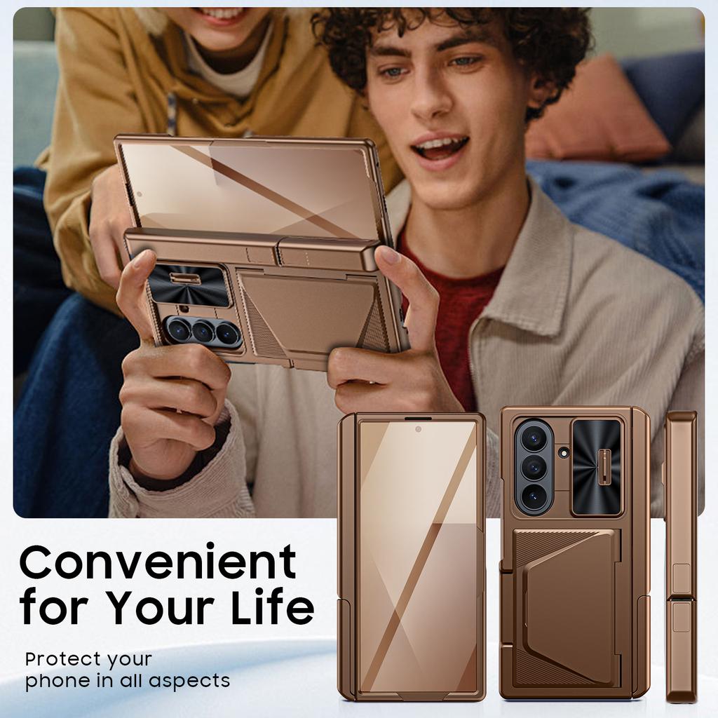 Для Samsung Galaxy Z Fold 7 С держателем для карт, Блокировка RFID, Встроенная сдвижная крышка для объектива и Защита шарнира и Подставка и Защитная пленка для экрана, Чехол-кошелек-Золотой