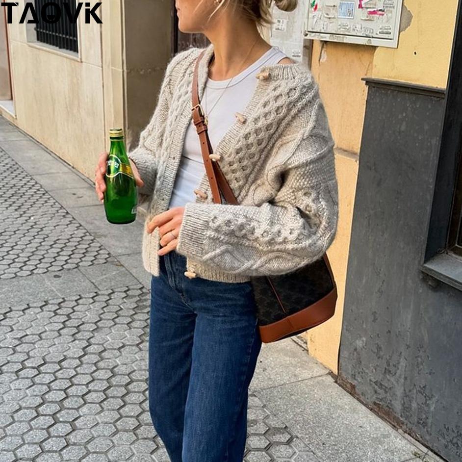TAOVK Свободный вязаный кардиган на пуговицах для женщин, повседневный теплый свитер с круглым вырезом и длинными рукавами, повседневный женский шикарный однотонный трикотаж