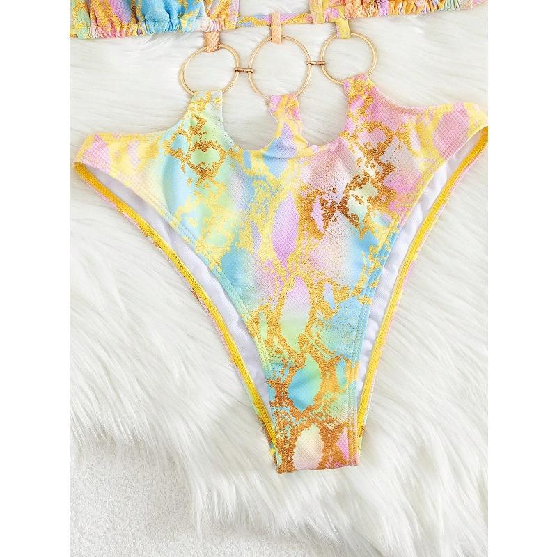 Sexy Hollow Out Backless One Piece Swimsuit 2026 Women Yellow Tie Dye Gradient Metal Circle Bathing Suit Beach Holiday Swimwear