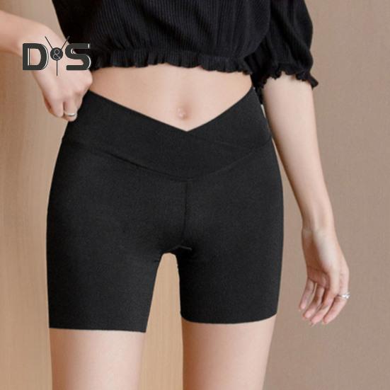 Women Safety Shorts Cross Waistband High Waist Ice Silk Seamless Yoga Leggings Solid Color Ultra-thin Bottoming Shorts