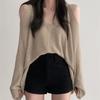Women Hollow Out V-Neck Off Shoulder Sweater Loose Long Sleeve Knit Thin Jumpers Streetwear Tops For Women 2023 Fall Winter