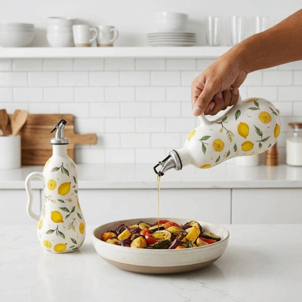 Underglaze Embossed Lemon Pattern Oil Bottle Leak-proof Oil Container Vinegar Can Restaurant