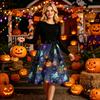 Women's Long Sleeve Halloween Dress Round Neck Casual Midi Dress with Printed Skirt and Waist Tie for Seasonal Occasion