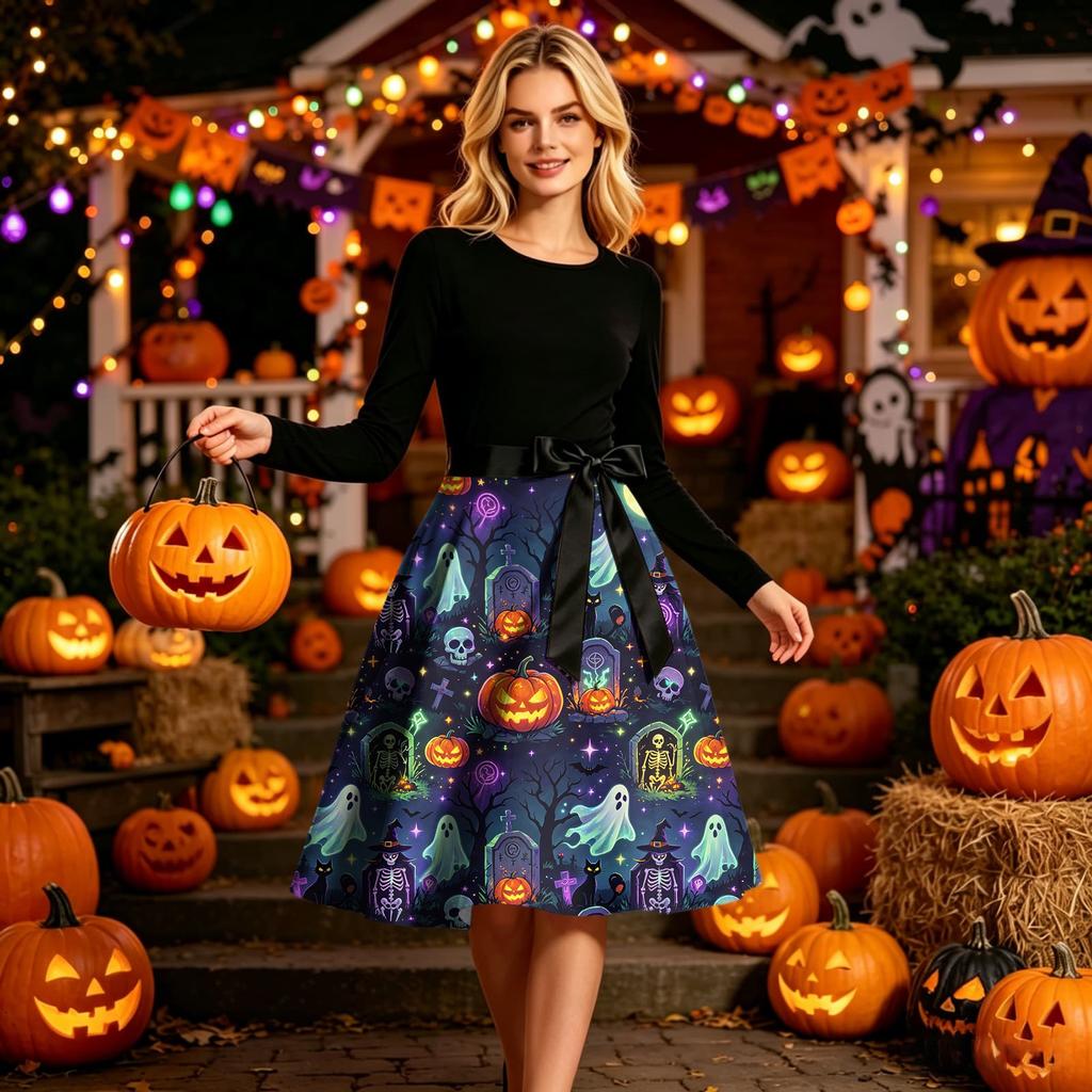 Women's Long Sleeve Halloween Dress Round Neck Casual Midi Dress with Printed Skirt and Waist Tie for Seasonal Occasion