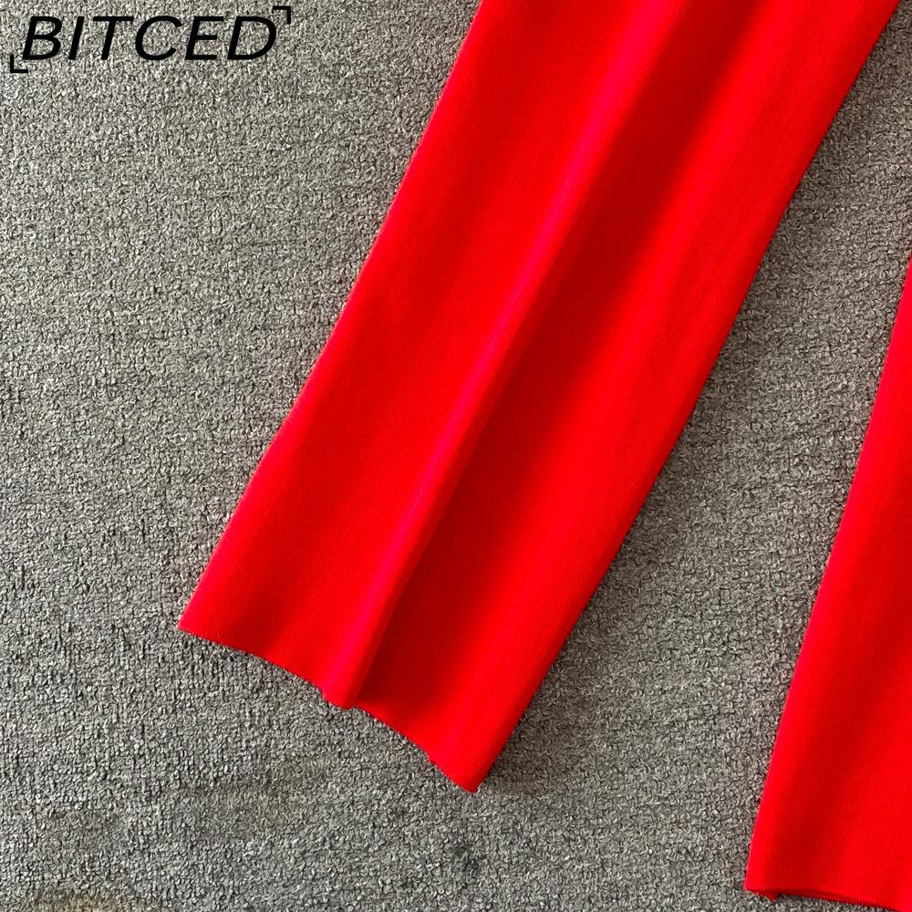 BITCED Модный комплект женский осенне-зимний свободный клетчатый свитер с длинными рукавами комплект из двух предметов трикотажные прямые широкие брюки с высокой талией