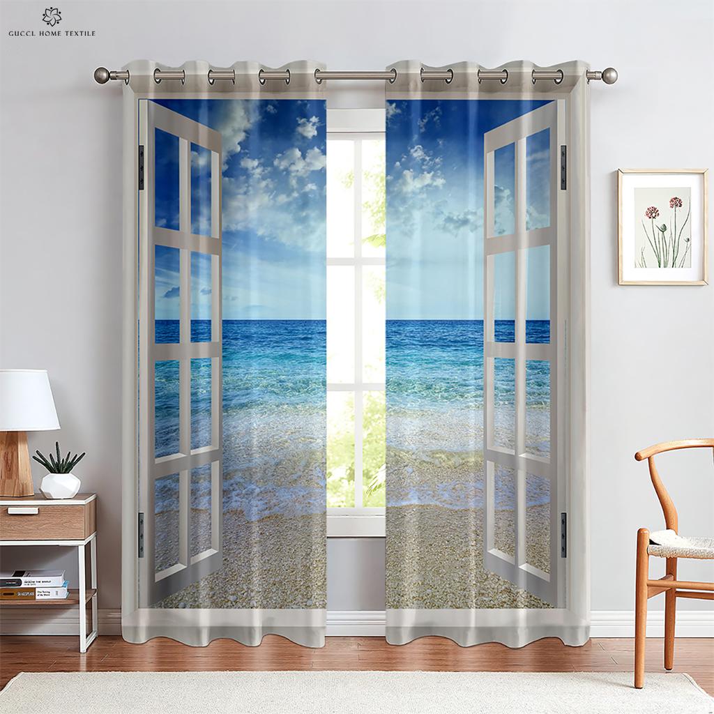 Real Effect 3D Printed Curtains, Curtains with Seaside Scenery, Blue Sky Pattern, Outside the Window Window Decoration