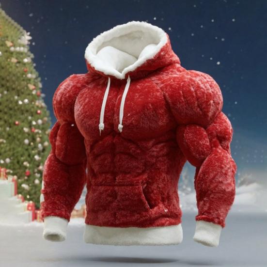 Мужское худи с мускулами, фланелевая толстовка с капюшоном и карманом-кенгуру, забавный пуловер для рождественского костюма, уличная одежда для вечеринки