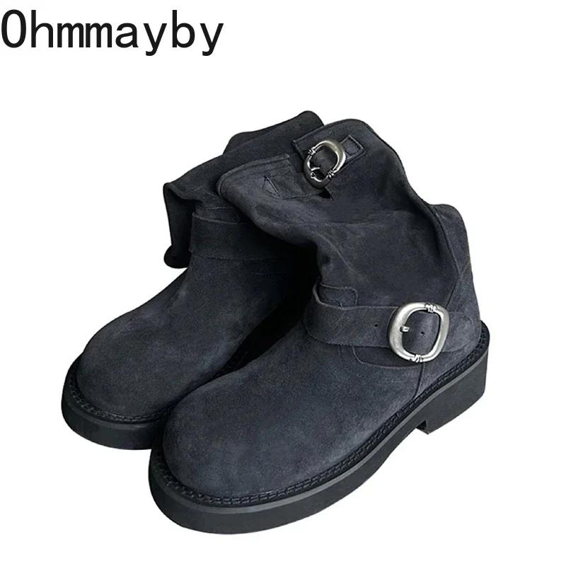 Fashion Retro Style Women Motorcycle Boots Fashion Metal Buckle Platform Heel Short Booties Winter Comfort Women's Footwear