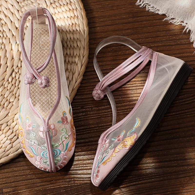 Fashion Round Toe Lace-up Flowers Designer Shoes Summer Mesh Breathable Handmade Embroidered Flats Elegant Comfort Non-slip Flat Sandals