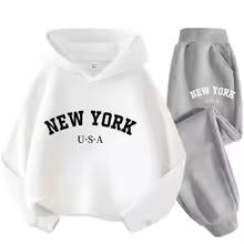Autumn Warm New York Letter Cool Graphic Print Children Long Sleeve Hoodie +pant Suit 2pcs Set Sweatshirt Boy Girl Kid Sportwear