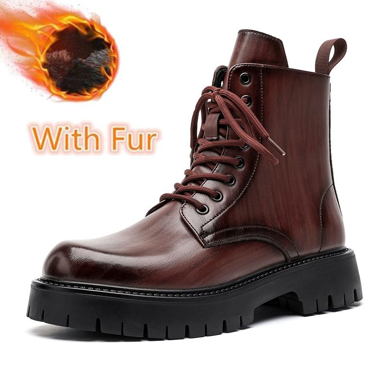 Повседневная кожаная мужская обувь хайтопы, толстая подошва, мужские мотоботы на шнуровке, однотонные полусапоги до середины икры, ботильоны, теплая плюшевая меховая обувь