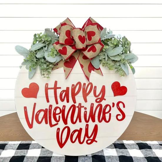 Знак на дверь ко Дню святого Валентина, деревянный знак на дверь с надписью «С Днем святого Валентина», подвесной декоративный знак на входную дверь с венком, бантом в виде сердечек для дома, стены, крыльца