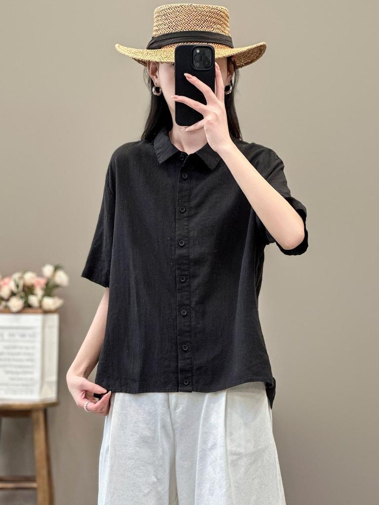 Литературный и ретро стиль льняная рубашка женская летняя темпераментная деловая однотонная универсальная с лацканами хлопково-льняная с рукавом три четверти женский топ