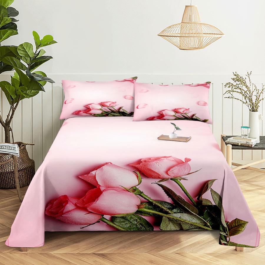Bedsheets Set With Pillows Case Queen Size Soft Bed Sheets And Pillowcases For Single Double Beds Twin Pink Flower Thin Fabric