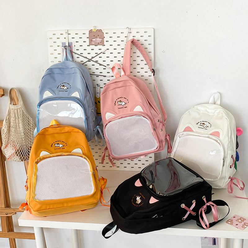 SCIONE New Transparent Schoolbag Large-capacity Contrast Ridge Protection Backpack Two-dimensional Cute Cartoon Cat Backpack