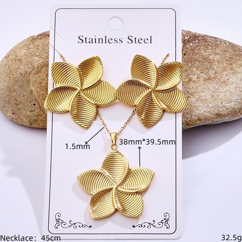 Stainless Steel Gold Plated Irregular Striped Heart-shaped Circular Oval Marine Creature Pendant Necklace Earring Jewelry Set