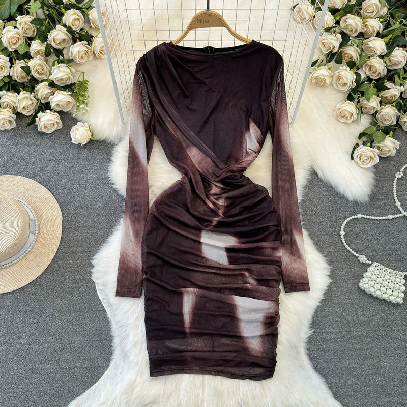 Fashion Fashion Long Sleeve Blooming Print Dress Mesh