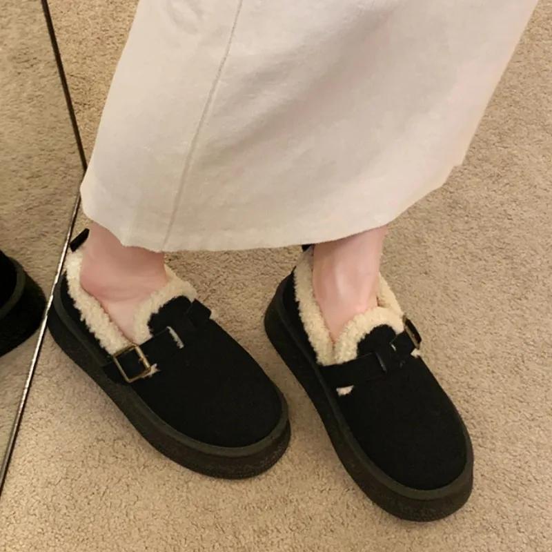 2024 Новые зимние плюшевые теплые туфли Botas De Mujer, модные классические замшевые туфли с круглым носком, повседневные женские туфли-лоферы на плоской подошве для вечеринок