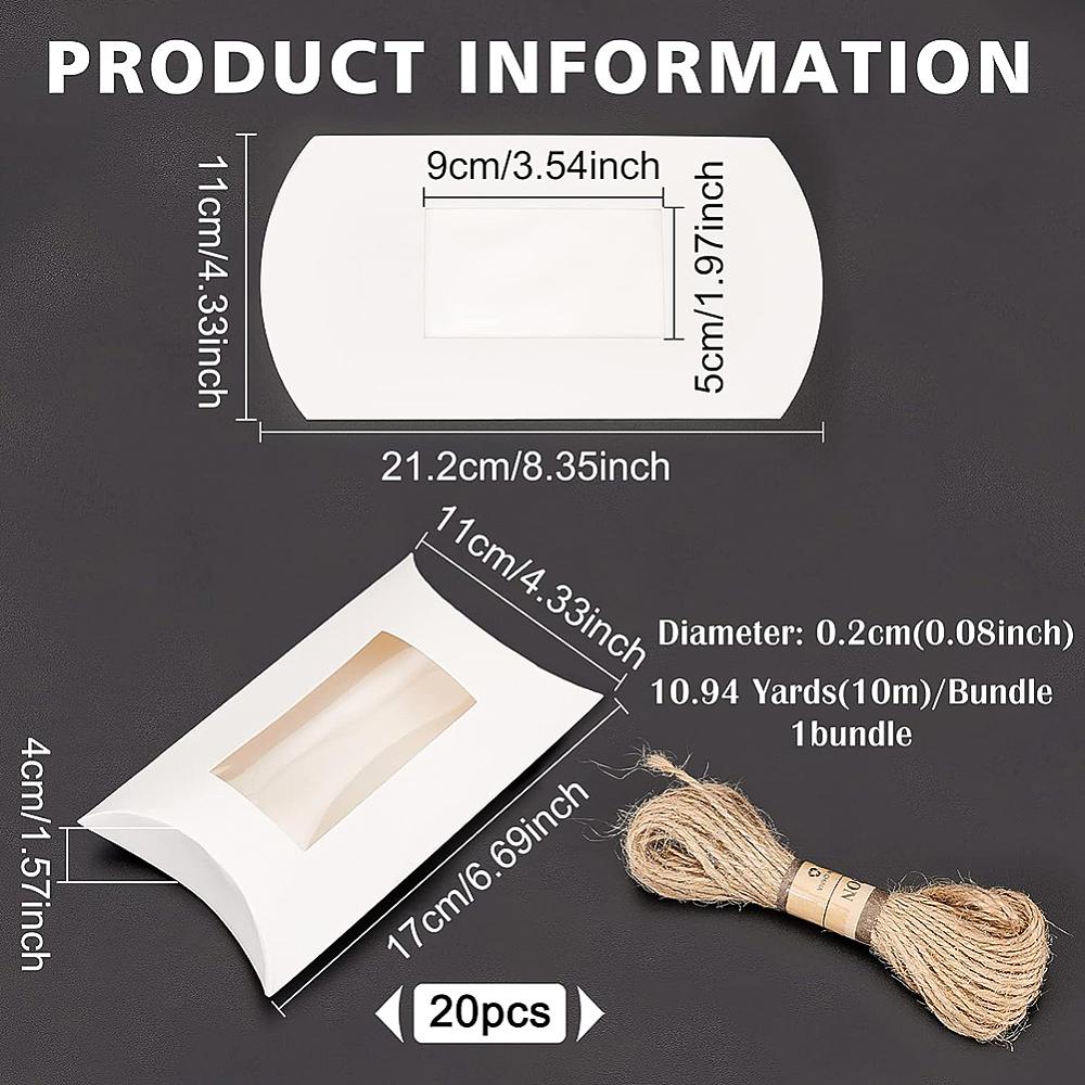 20Pcs Paper Pillow Boxes with PVC Clear Windows & 1Bundle Jute Cord White 17x11x4cm