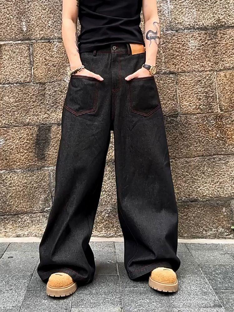 ZYLLO Американский Красный Вышитые Джинсы Ретро Широкие Брюки в Пол Большого Размера Тяжелый Индустриальный Дизайн Сенсорная Уличная Одежда