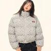 Womens Winter Puffer Jacket Short Loose Fit Stand Collar Floral Print Cotton-Padded Coat