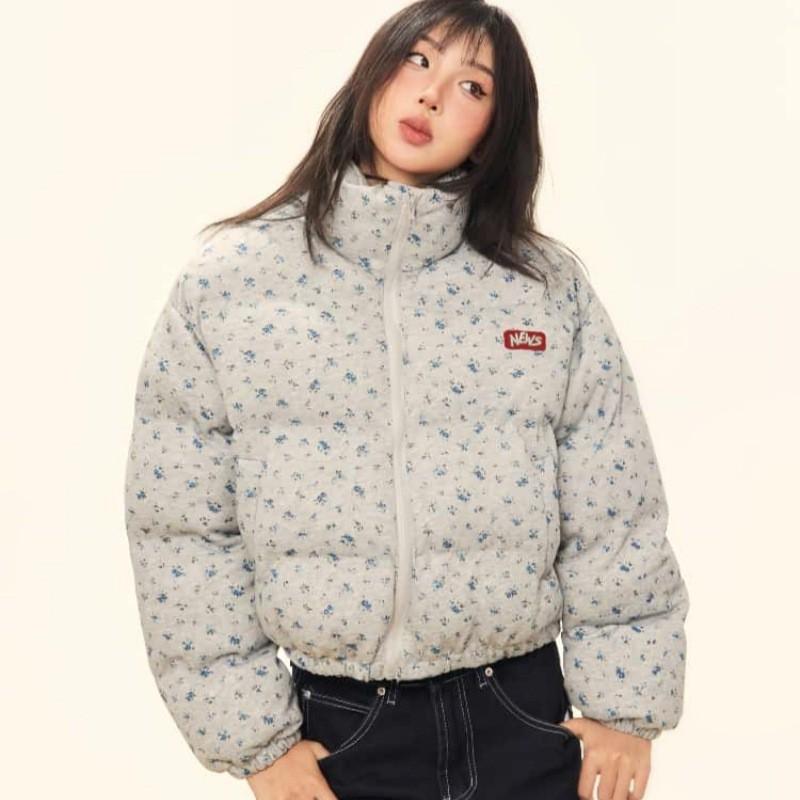 Womens Winter Puffer Jacket Short Loose Fit Stand Collar Floral Print Cotton-Padded Coat