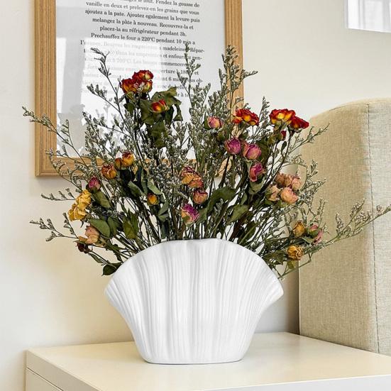 White Vinyl Shell Flower Vase Modern Pleated Flower Holder Container Home Office Table Centerpiece