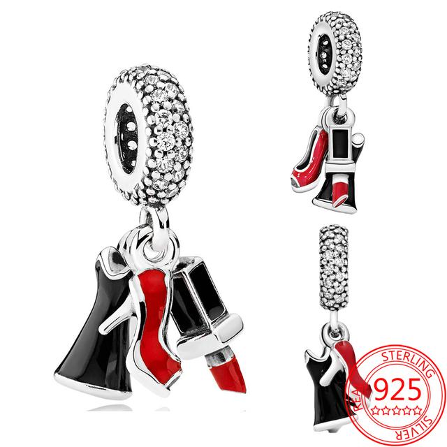 2022 Vintage 925 Sterling Silver 3D Enamel Lipstick High Heel Dress Charm Fit Fashion Bracelets Fine Jewelry Girls Party Gifts