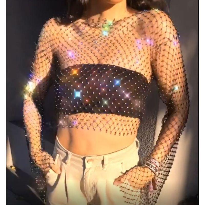 2023wish New Arrival Grid Rhinestone round Neck Long Sleeve Top Nightclub Sexy Short Stage T-shirt T-shirt