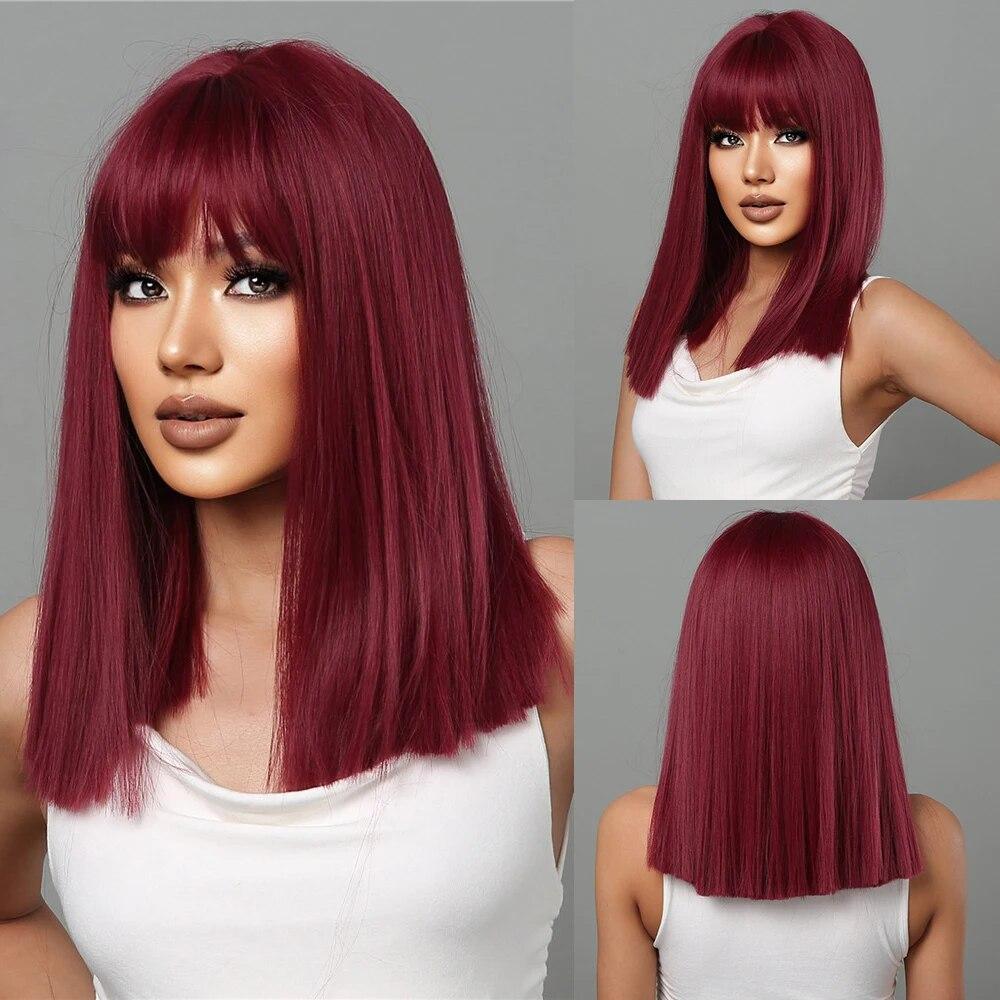 Purple Pink Ombre Black Short Straight Synthetic Wigs with Bangs Bob Wig for Women Daily Cosplay Party Heat Resistant Fake Hairs