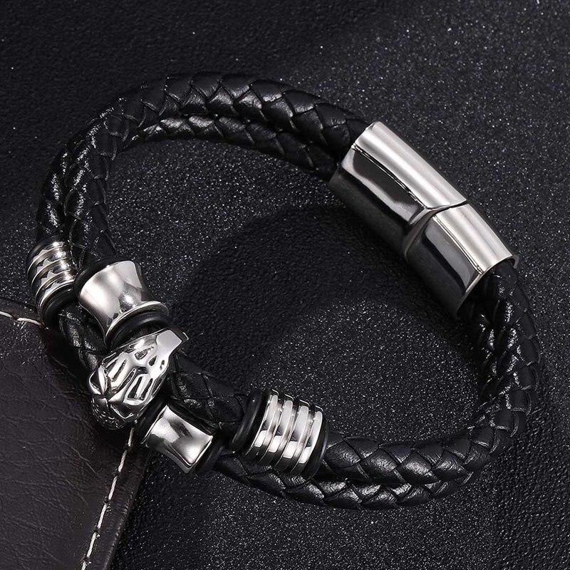 Punk Skull Genuine Leather Bracelet For Men Double Layer Woven Bracelet Charm Buckle Men Bracelets Bangles