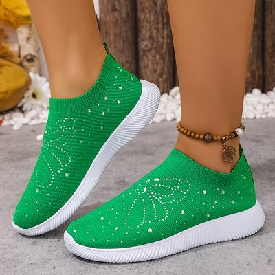 Модные вязаные кроссовки с кристаллами и бабочками, женские дышащие слипоны, повседневная обувь для ходьбы, женские легкие кроссовки на мягкой подошве, зеленые спортивные туфли