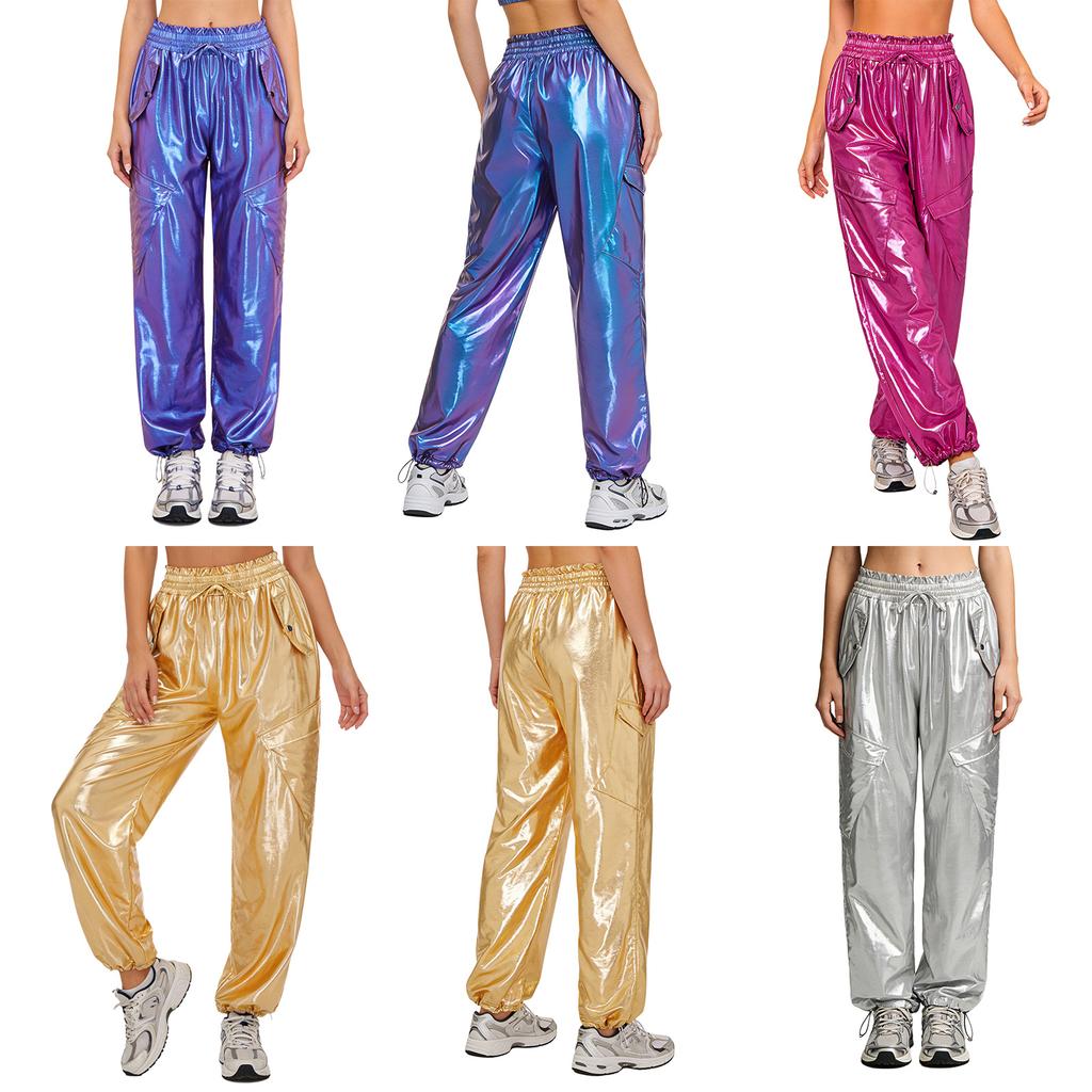 Womens Metallic Shiny Cargo Pants Elastic Waistband Ruffled Trim Multi Pockets Jogger Trousers