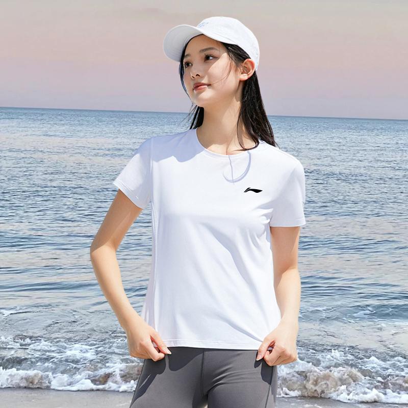 Li-Ning Однотонная быстросохнущая дышащая футболка с круглым вырезом и коротким рукавом для женщин, белые топы YTSU154-1