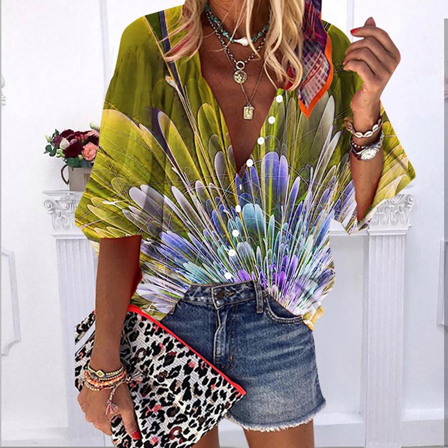 2023 Лето-Осень Новые модные женские топы с синими лепестками и принтом с половиной рукавом, повседневная рубашка больших размеров на пуговицах с объемными рукавами