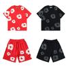 Chic Unisex Two-Piece Running Clothing Tracksuit Set 3D Kapok Foam Printing Flower Pattern Couples Short Sleeved T-shirt Shorts Set
