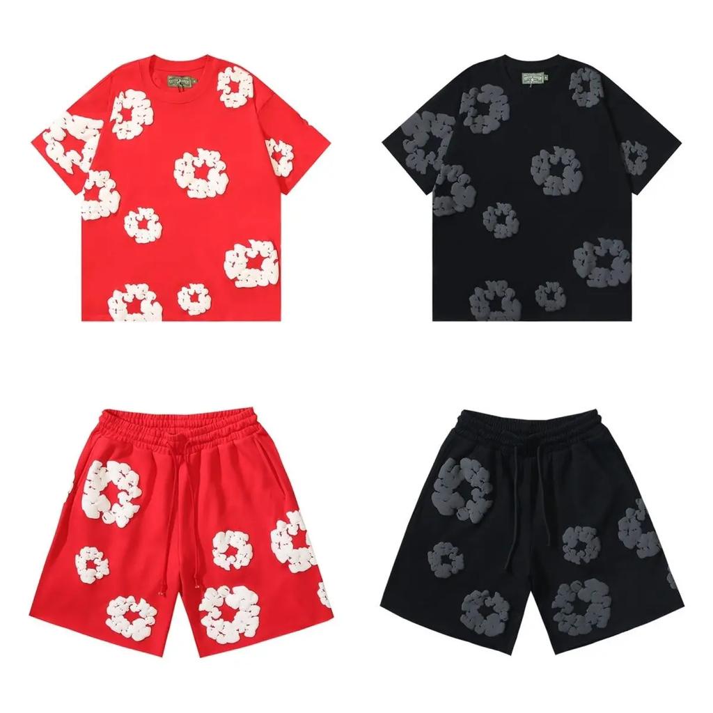 Chic Unisex Two-Piece Running Clothing Tracksuit Set 3D Kapok Foam Printing Flower Pattern Couples Short Sleeved T-shirt Shorts Set