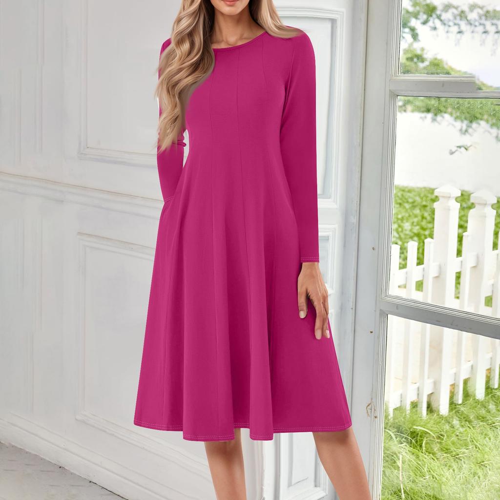 Женское повседневное модное платье миди с круглым вырезом и длинным рукавом