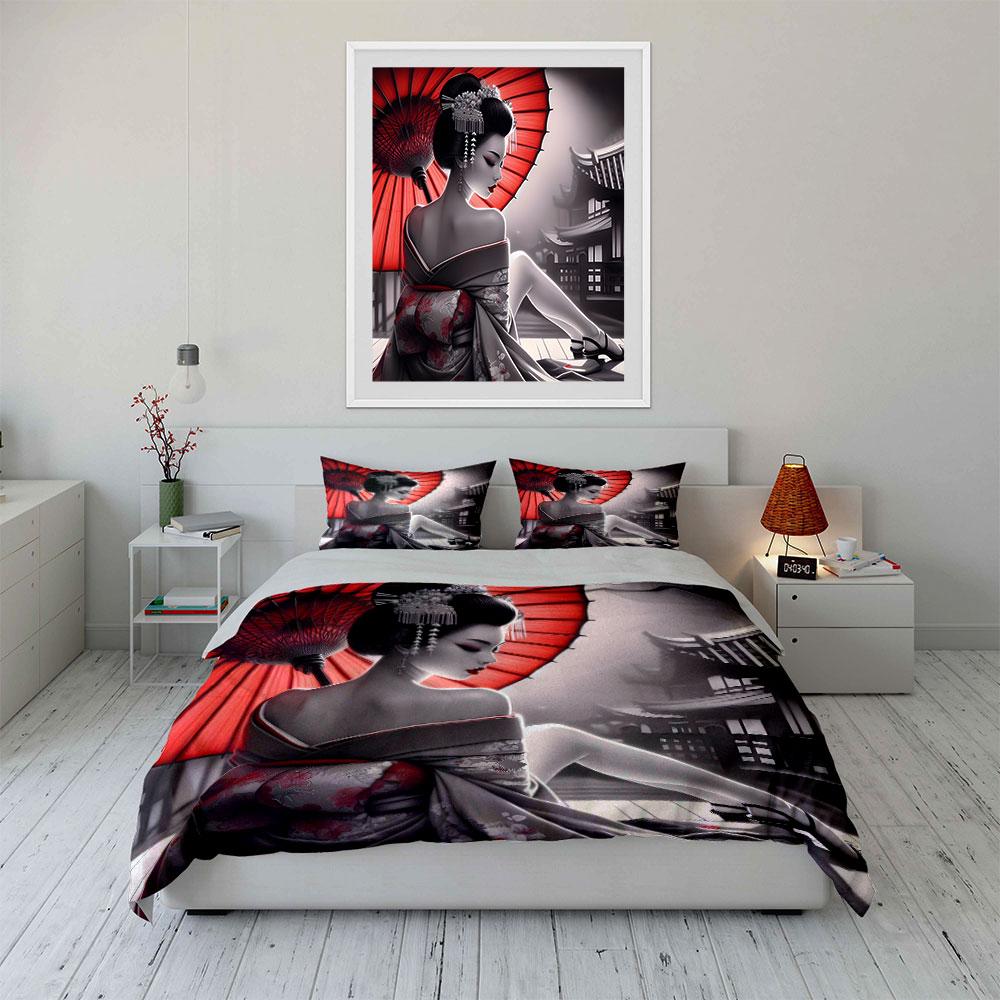 Geisha Art Decorative Set Bedding Set with 1 Duvet Cover 2 Pillowcases Single Double King Queen, Gift