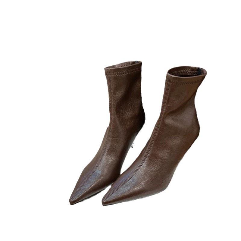 Brown Short Boots 2024 Autumn and Winter New European and American Retro Versatile Internet Celebrity Thin Boots Thin Heel Pointed High Heel Short Boo