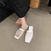 Breathable Fishing Net Square Head Low Heel Half Drag Fashionable Hollow Woven Flat Bottom Thick Heel Bag Head Slippers 2025 Summer New