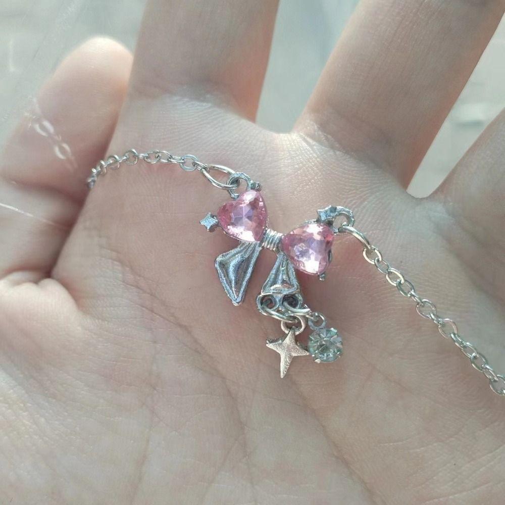 Star Shape Rhinestone Pendant Sweet Clavicle Chain Elegant Pink Bow Necklace Jewelry