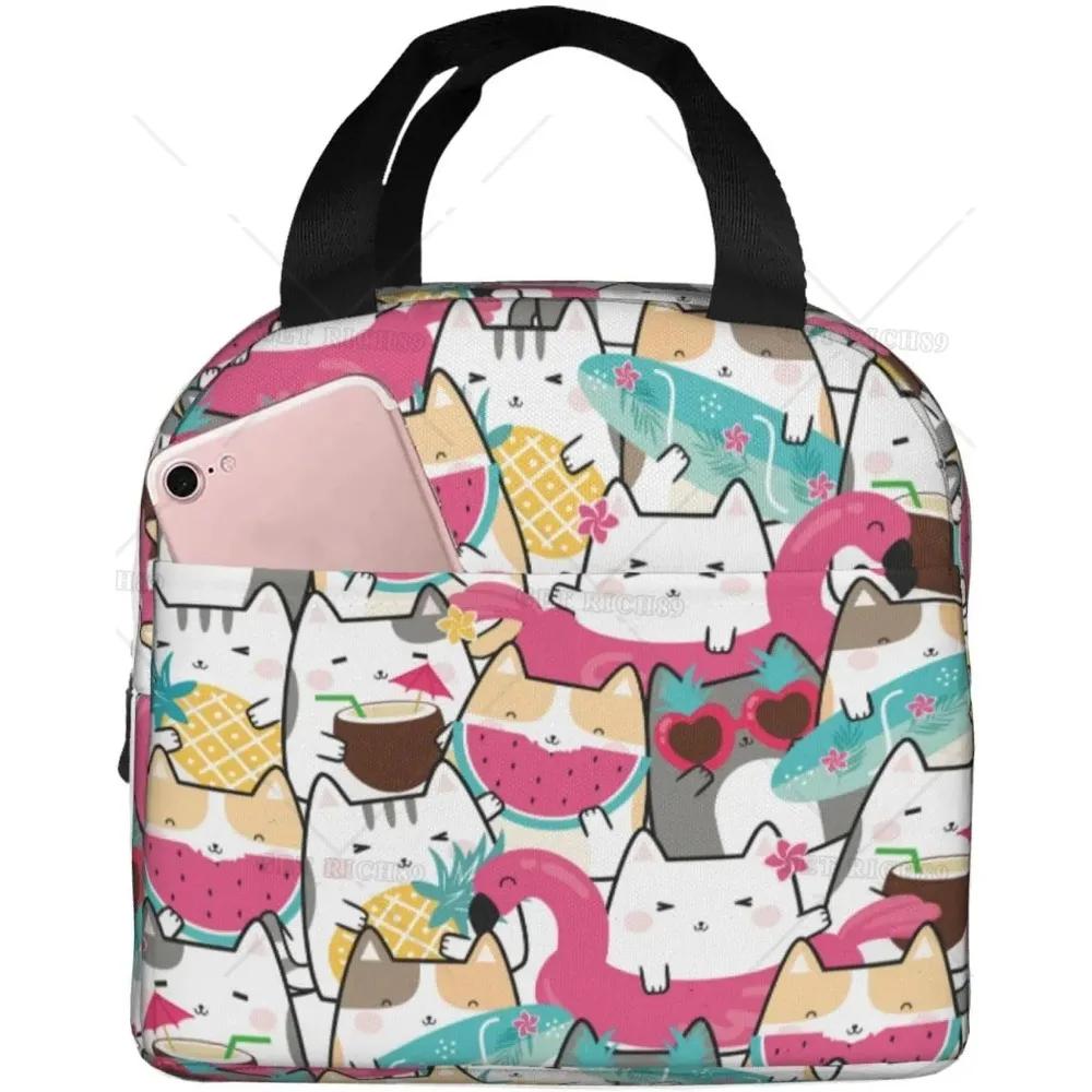 Розовые летние фрукты арбуз ананас кошка термосумка для ланча для девочек многоразовая сумка для ланча портативная сумка-холодильник для ланча