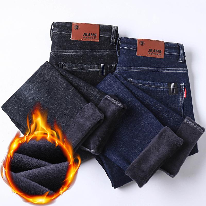 Осенне-зимние утепленные эластичные джинсы мужские Узкие прямые теплые джинсовые брюки мужские брюки tide