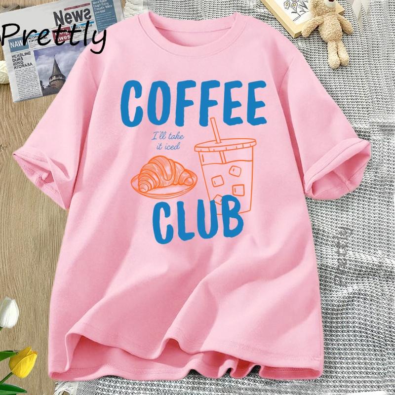 Womens Tshirt Iced Coffee Club T Shirt Women Coffee Lover Retro Coffee Tee Trendy Cotton Short Sleeve Graphic T Shirts