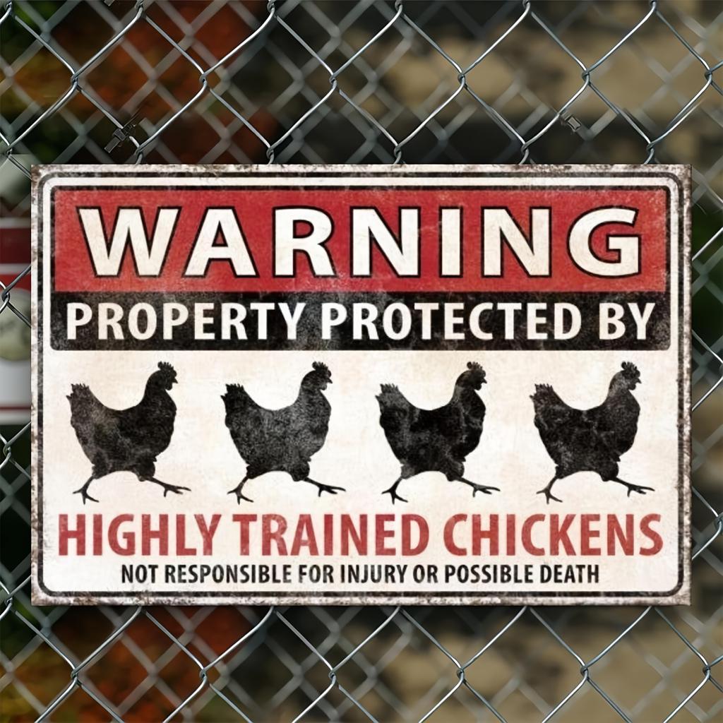 D Flat pc Vintage Metal Tin Sign Funny Farm Warning Decoration with Highly Trained Chickens Rustic Red Black Retro De