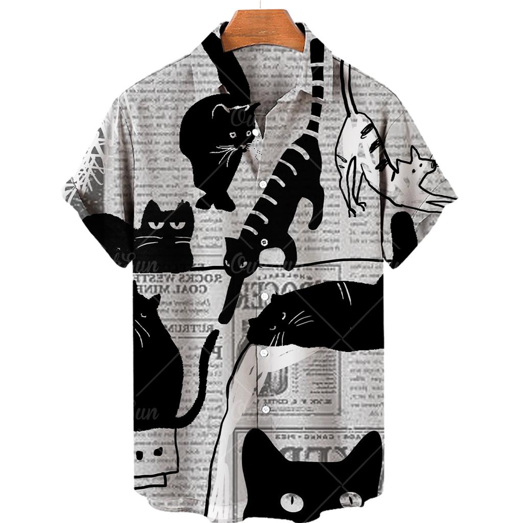 С милым принтом кота мужская рубашка забавные аниме коты мужская рубашка с воротником на пуговицах лацкан модная гавайская рубашка с коротким рукавом повседневная