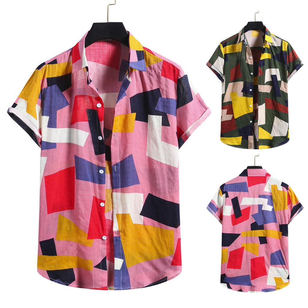 Men's Fashion Cotton Linen Print Short Sleeve Button Shirt Blouse Top