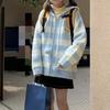Kawaii Cartoon Embroidery Knitted Cardigan Women Cute Top All Match Striped Sweater Jackets Hooded Coat